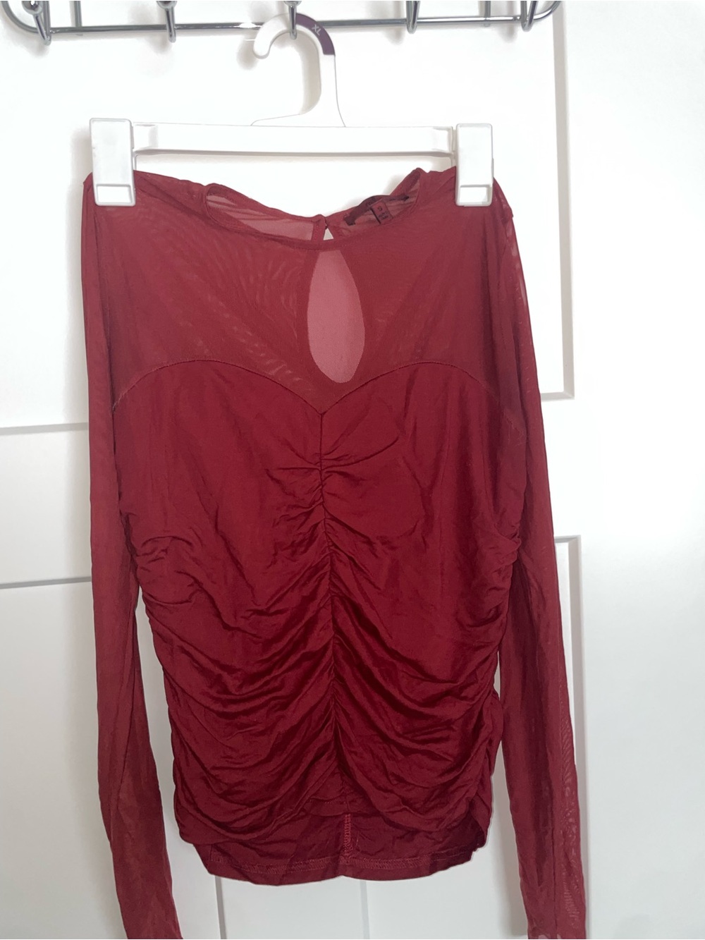 BKE Burgundy Ruched Mesh Long-Sleeve Top